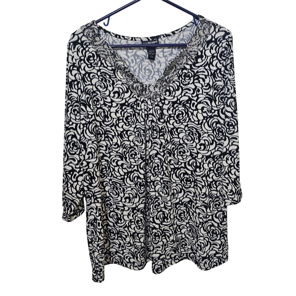 Lane Bryant Black White Rose Print Beaded V Neck 3/4 Sleeve Tunic Top 18/20W